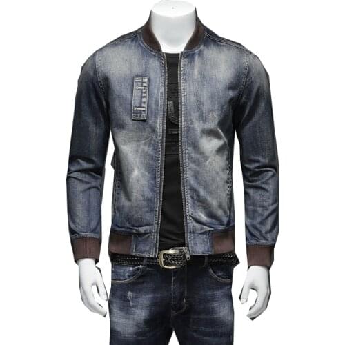 Chaqueta vaquera de estilo europeo para hombre, abrigos vaqueros azules de piloto, con cuello levantado, prendas de vestir infor