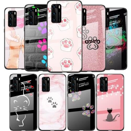 Tempered Glass Cover Cat dog paw footprints For Huawei P40 P30 P20 P10 Pro Plus Lite 5G 2019 Shockproof Shell Phone Case