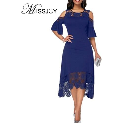 MISSJOY Plus Size Elegant Party Dresses Patchwork Lace Half Sleeves Irregular Ladies O-Neck Solid Color Robe Female 2019 Autumn
