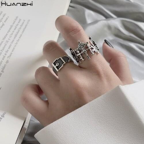 HUANZHI 2020 Vintage Tibetan Silver Jesus Cross Ring Belt Open Adjustable Rings for Women Girls Party Simple Jewelry Gifts