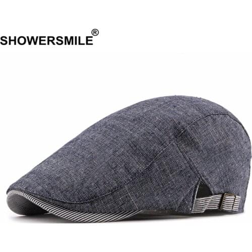 SHOWERSMILE Navy Cotton Linen Flat Cap for Men Summer Beret Man British Style Vintage Casual Baret Adjustable 55-60cm