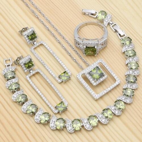 Noble 925 Silver Jewelry Sets For Women Olive Green Cubic Zirconia Square Ring Bracelet Necklace Pendant Earrings Sets