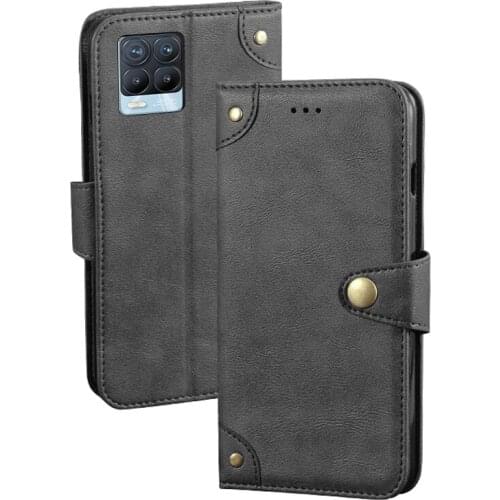 Oppo Realme 8 Pro Retro Magnetic Flip Wallet Leather Capa Case For Realme8 Pro RMX3081 RMX3085 Cover Unique Metal Buckle Design