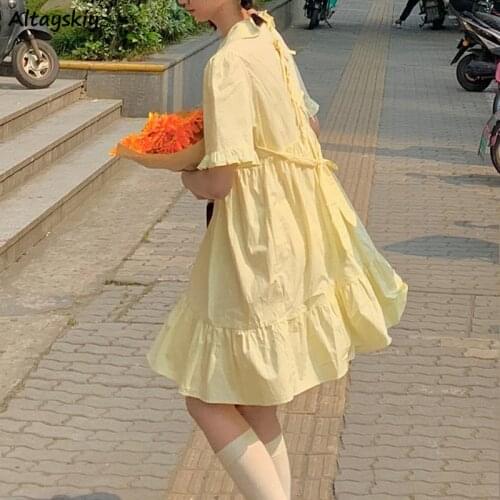Patchwork Dresses Women Ruffles Japanese Style Kawaii Chic Popular School Girls Yellow Harajuku Picnic Sweet Vestido Feminino