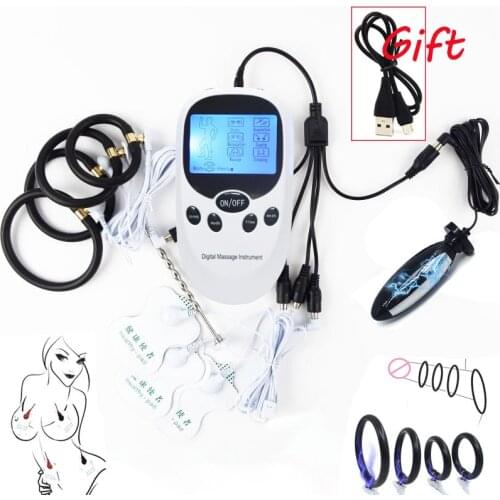 BDSM Electro Shock Masturbator Electric Stimulation Penis Plug Cock Ring,E-stim Anal Plug Massage Pad,5 in 1 Cable,Male Sex Toys