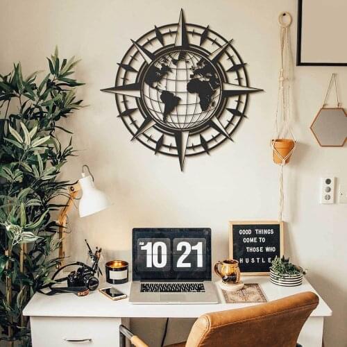 PUSULA VE DÜNYA HARİTASI METAL DUVAR TABLOSU ŞIK MODERN SÜS DEKOR DEKORATİF 49x49 cm