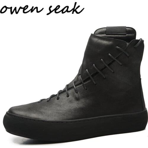 Owen Seak Men Boots High Ankle Luxury Trainers Genuine Leather Sneaker Riding Winter Snow Boots Casual Zip Lace Up Flats Shoes