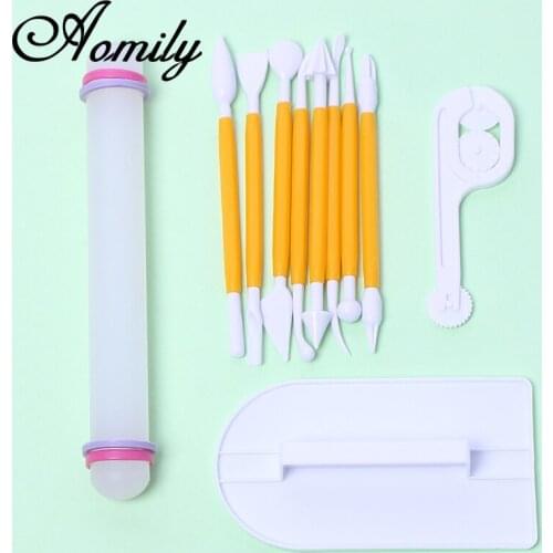 11 Pcs/Set Icing Fondant Cake Tool Set Scraper Smoother Rolling Pin Carving Knife Engraving Embossing Mould Cake Decorating Tool