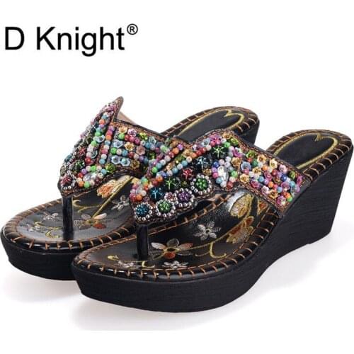 New Womens Ethnic Embroidery Wedges Slippers Fashion String Beaded Flip Flops Ladies Casual Platform Wedge Beach Slippers