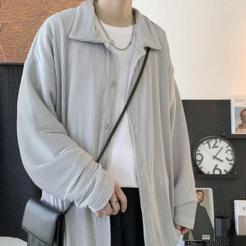 Solid Color Mens Shirts Korean Casual Shirts Mens Fashion Loose Pleated Shirts Mens Streetwear Long-sleeved Shirts For Men