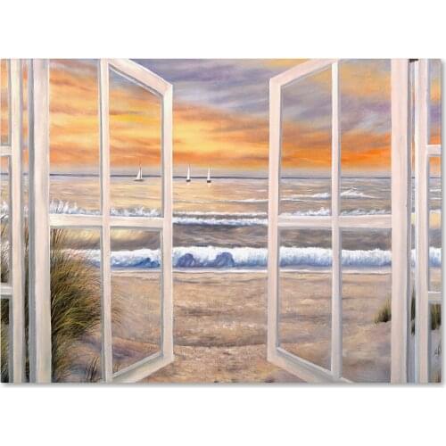 Landscapes Oil painting Wall Art Ocean Window Scene 100% hand Painted Canvas paintings modern artwork for living room wall decor
