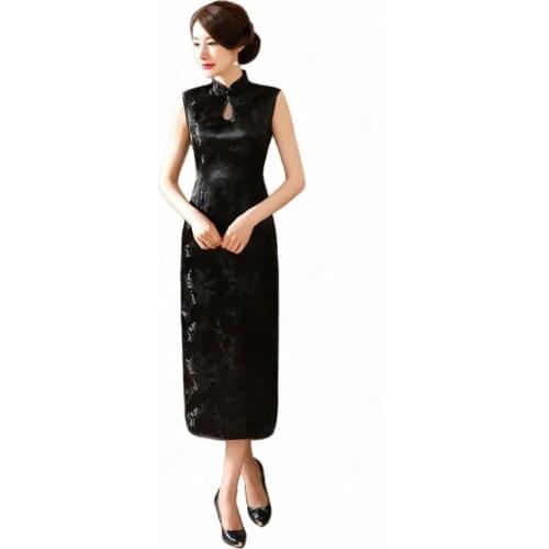 Black Traditional Chinese Style Dress Womens Long Cheongsam Elegant Slim Qipao Clothing Size S M L XL XXL XXXL J3038