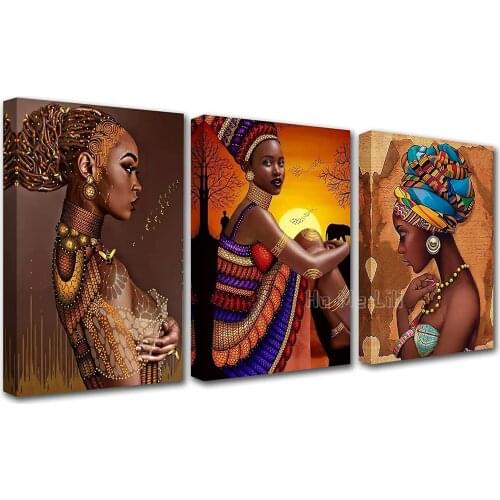 African Women Portrait Canvas Wall Art For Living Room Decor 3 Pieces Colorful Oil Paintings