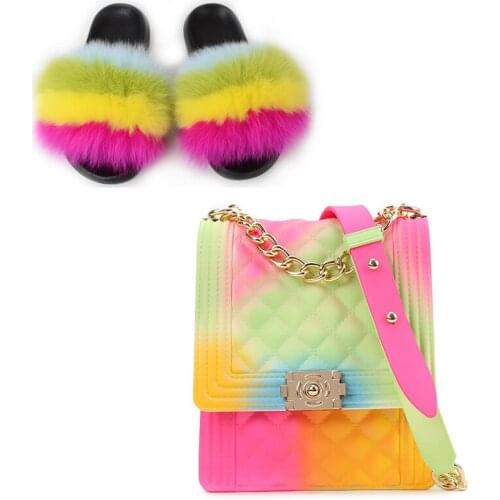Casual Women Luxurious Fluffy Fur Slides Jelly Bag Fashion Lovely Furry Fur Slippers Match Purse Set Furry Fur Beach Flip Flops