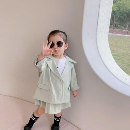 Spring Summer Korean style chiffon clothes set Girls soft sailor collar coat and pleated skirt 2pcs sets