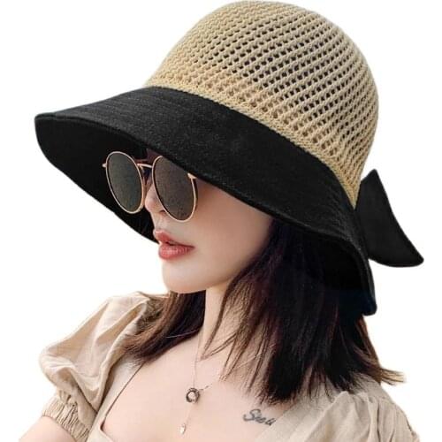 Summer Hollow Out Sun Hats Women Bow Cap Wide Brim Floppy Straw Hat Outdoor Visor Split Bonnet Beach Caps
