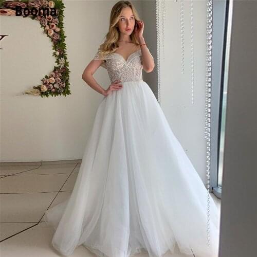 Booma Beaded Wedding Dress Royal Boat Neck Simple Wedding Dress For Bride Beach Boho Tulle Princess Party Gowns illusion Plus