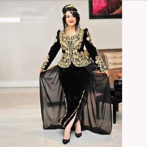 Traditional Kosovo Black Evening Dresses For Women Party Gowns Gold Appliqued Velvet Albanina Prom Gowns Vestidos De La Celebrid