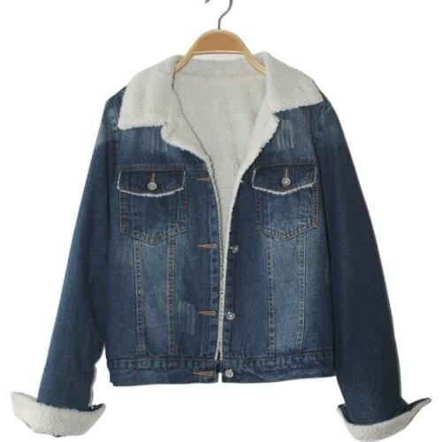 Winter New 2018 Women lambswool jean Coat With 4 Pockets Long Sleeves Warm Jeans Coat Outwear Wide Denim Jacket