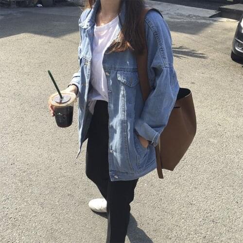 Women Denim Jackets Loose Casual Outwear Solid Blue Coat Top Basic Jean Jacket