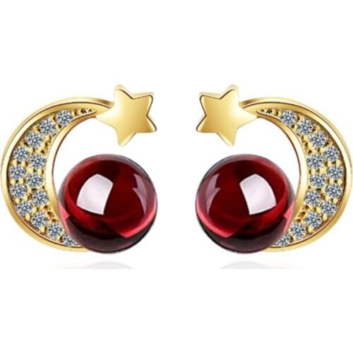 Female models small fresh red garnet stars moon simple personality temperament trendy silver plated stud earrings WE091