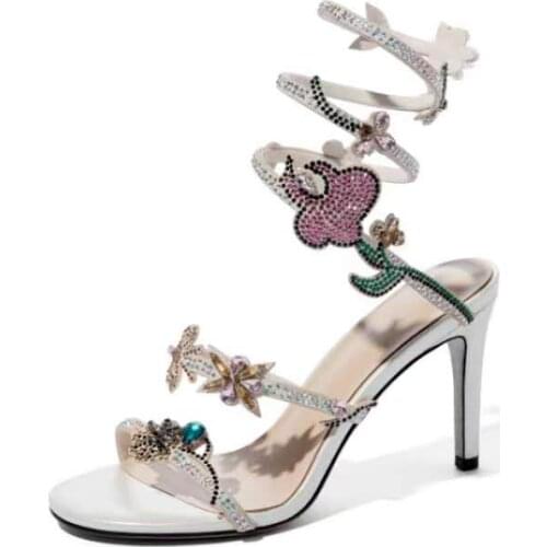 Women Cleo Flora Sandals 7.5cm 75mm High Heel Cleo Flora Slender Toe Strap Neat Spiral Strap Crystals Floral Shoes