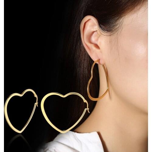 Simple Big Heart Hoop Earrings for Women High Polished Stainless Steel Lady Hers Party Street Wear Ear Jewelry arete