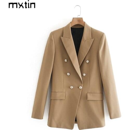 Vintage Stylish Solid Office Lady Double Breasted Blazers Coat Women 2020 Fashion Notched Collar Long Sleeve Outerwear Chic Tops