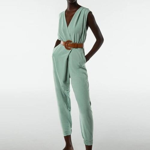 2021 Summer ZA New Women Jumpsuit With Belt Solid Ankle-Length Pants Casual Streetwear Ladies' Soft Clothing