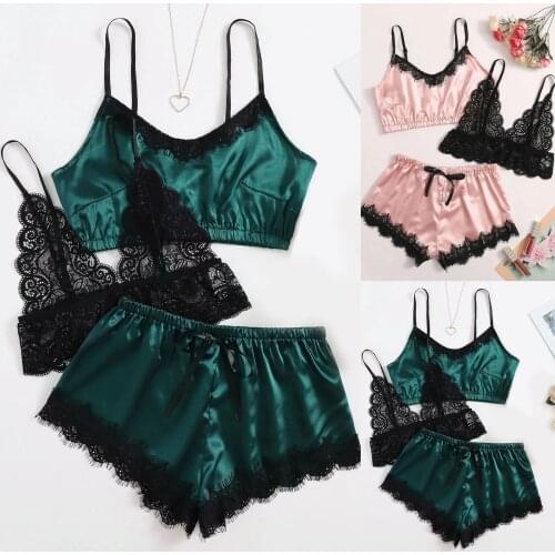 Lady sexy lace 3-piece set New Sexy Lace Lingerie Silk Underwear Sleepwear Underwear Pajamas Satin Mix and match All seasons T5