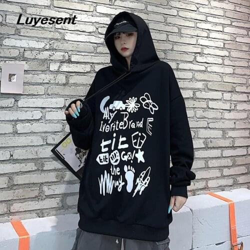 Black Gothic Lady Harajuku Long Sleeve Hooded Sweatshirt Autumn Women Letter Print Street Hoodies Hip-hop Pullover Streetwear