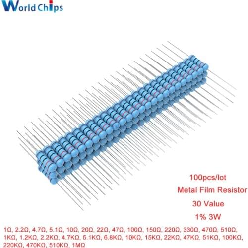 100pcs/lot 1R 4.7R 10R 100R 220R 1K 2.2K 4.7K 6.8K 10K 22K 47K 100K 470K 1MΩ Ohm Resistance 1% 3W 1R-1MΩ Metal Film Resistor