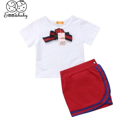 Summer Fashion Newborn Kid Baby Girls Bow Flower Tie Tops T-shirt Short Mini Pecil Skirts 2pcs Cotton Stylish Kids Outfit Sets