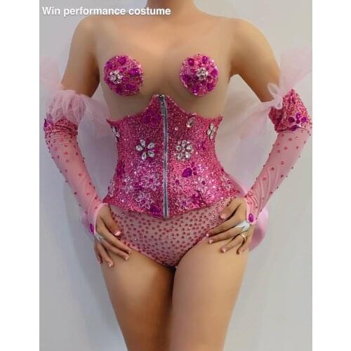 Sparkly Pink Rhinestones Mesh Jumpsuit Women Birthday Celebrate Perspective Bodysuit Sexy Belt Costume Performance Evening Wear