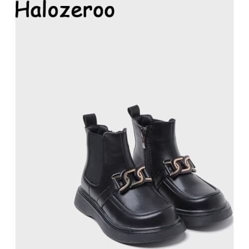 New Autumn Kids Chain Chelsea Boots Children Black Leather Shoes Baby Girls Fashion Boots Brand Ankle Shoes Slip On Platforms