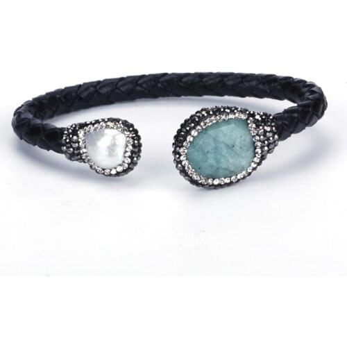 Irregular Freshwater Pearl Blue Semi-Precious Stone Charm Multiple Color Real Leather Wrap Open Bracelet Cuff Bangle For Woman