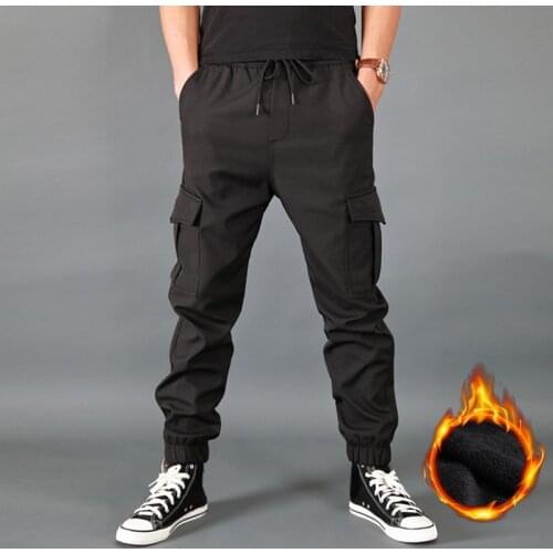 New Winter Men Pants Thick Fleece Joggers Multi Pocket Loose Sport Trousers Male Casual Warm Sweatpants Cargo Pants