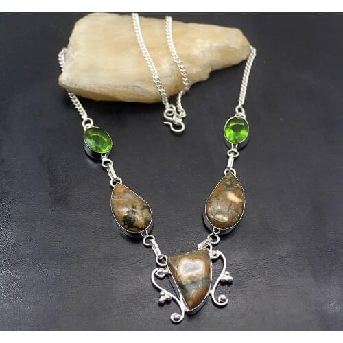 Hermosa Unique Natural OceanJasper Green Peridot Silver Color Chain Pendant Necklace 19 inch A224