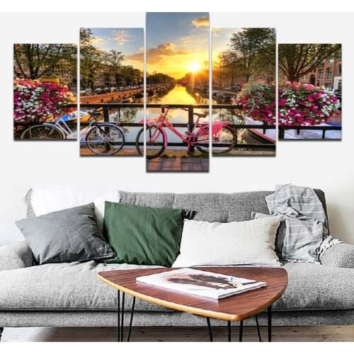 Hd Nordic Printed Canvas Painting Art Wall Poster Modern Sunrise Bridgeside Landscape Picture Decor Mural Five Pieces Unframed