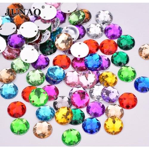 JUNAO 8 10 12 14 16 mm Sewing Colorful Round Rhinestone Applique Flat Back Gems Acrylic Stones Sewn Strass Crystal for Crafts