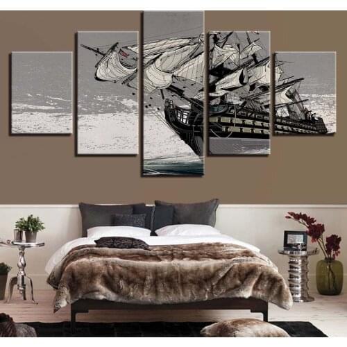 Canvas Prints Painting Home Decor Sailing Boat Poster 5 Piece Retro Black White Sailboat Pictures Living Room Wall Art(No Frame)