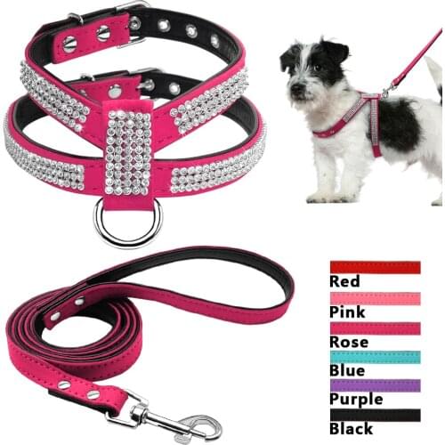 Soft Suede Leather Small Dog Harness Bling Rhinestones Chihuahua Yorkie Harness Cute Pet Harness and Leash Set Pet Supplies