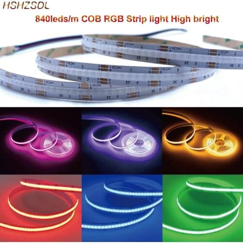 Soft Flexible COB Tape Colorful 24V/12V 840 LEDs/m RGB COB LED Strip Light for Indoor Decoration Lighting