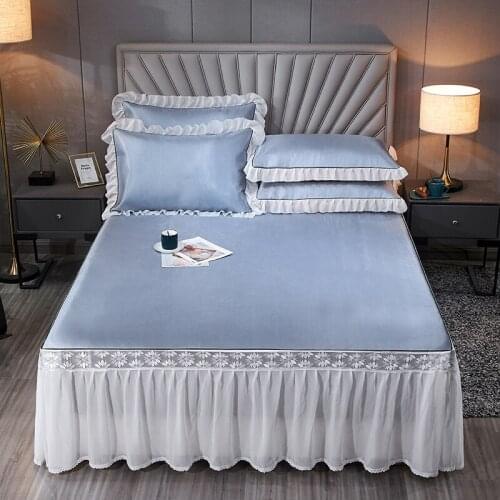 2020 new products Ice silk mat Bed spread Fitted Sheet Pillowcases 2/3 pcs Solid Lace embroidery princess Bedding