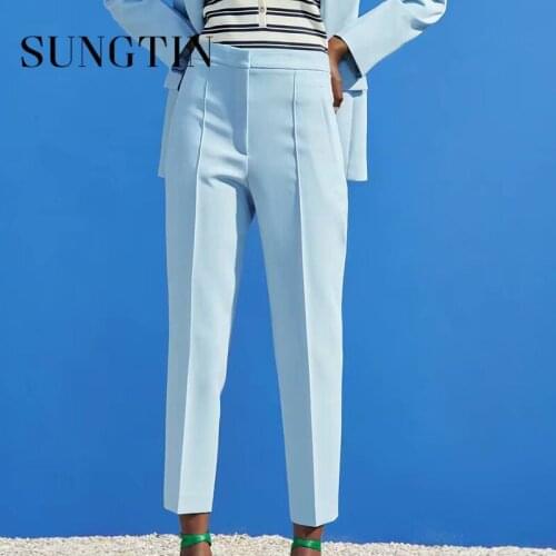 Sungtin Casual Fashion Solid Pencil Pants Women Summer Blue High Waisted Long Pants Elegant Office Lady Korean 5 Colors Trousers