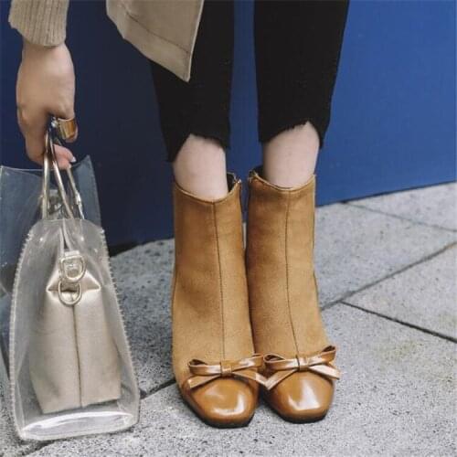 PXELENA Elegant Butterfly-knot Round High Heels Ankle Boots Ladies Dress Party Office Date Shoes Square Toe Fashion Short Boots