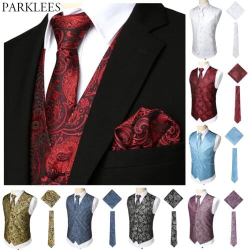 Luxury Wine Red 3pcs Paisley Waistcoat Vest Necktie Handkerchief Set 2019 Classic Jacquard Vest Men Formal Business Casual Vest