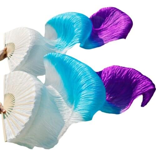 High Quality 100% Silk Belly Dance Fans 5mm Dance Performance Silk Fans Left+Right hand White+Turquiose+Purple Long Fan 180x90cm