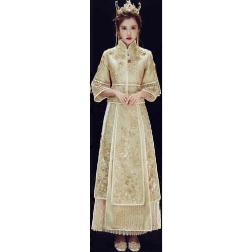 Embroidery Oriental Vintage Champagne Wedding Long Cheongsam Dress Refined Banquet Stylish Elegant Bride китайская одежда