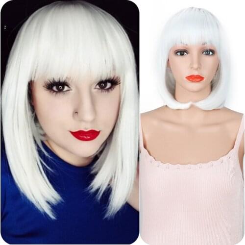 Womens Short Square Bob Wigs with Neat Bangs Synthetic White Brown Cosplay Wig Natural Black